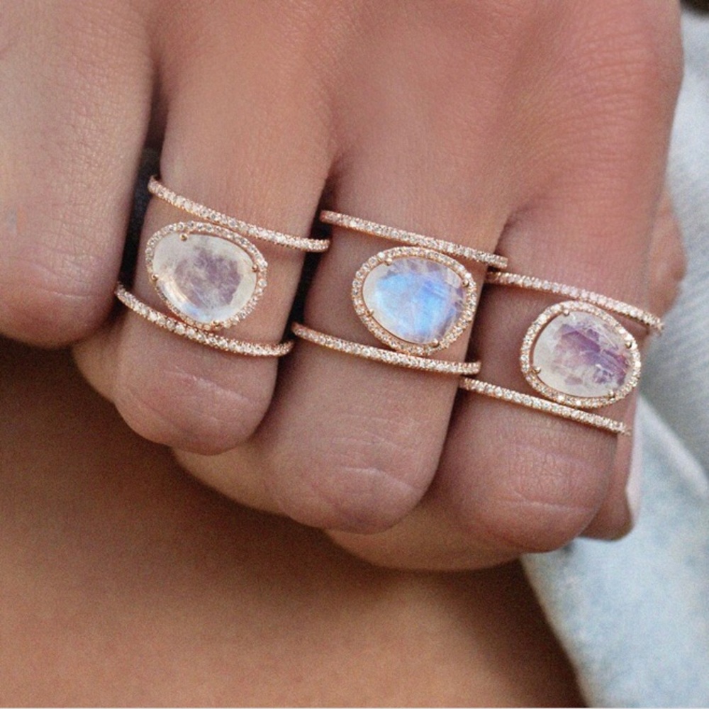 14k Gold and Diamond Double band moonstone ring